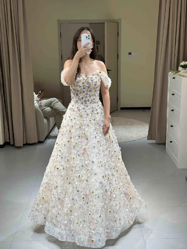 High-Low DressOff the shoulder 3D flower prom dress a line evening gown gh2782