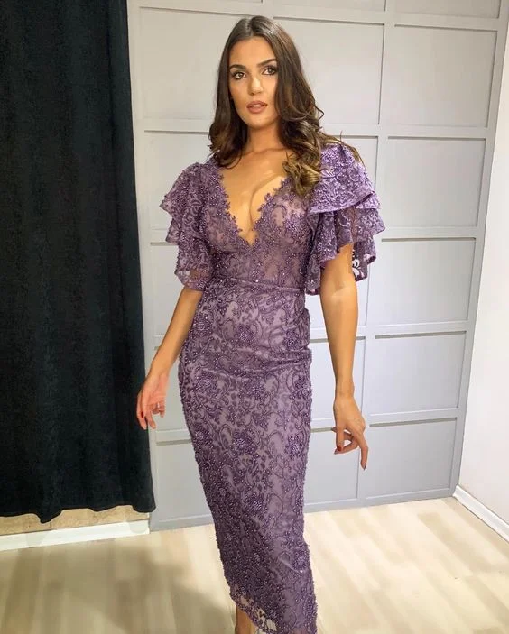 Cold-Shoulder DressV Neck Purple Lace Prom Dress Sheath Evening Dress gh2780