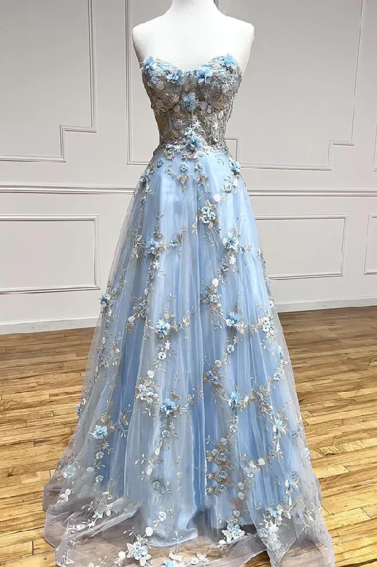 women's flutter-sleeved dressesBlue lace applique elegant fantasy long prom dress a line evening gown gh2308