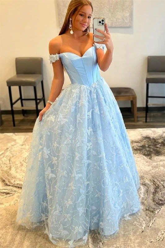 Glitter DressOff Shoulder Light Blue Lace Long Prom Dresses, Light Blue Lace Formal Graduation Evening Dresses gh2727