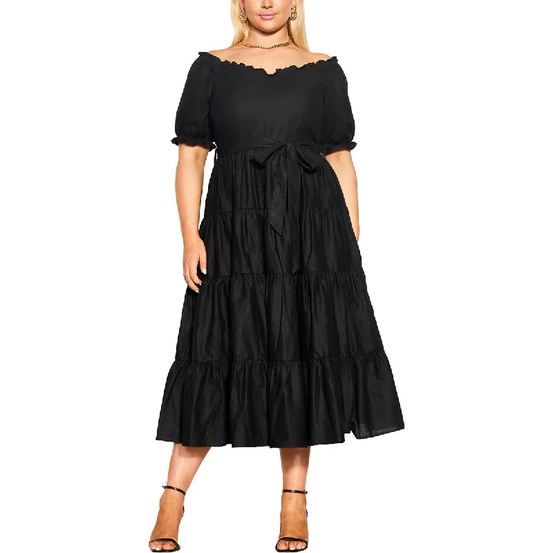 Plus-Size DressCity Chic Womens Plus Linen Blend Tiered Midi Dress