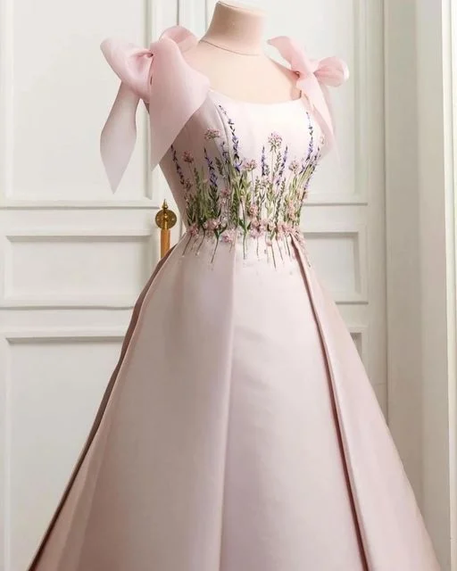 women's bow dressesPink Gorgeous Exquisite Floral Long Satin Formal Custom Prom Dress Evening Gown gh3147