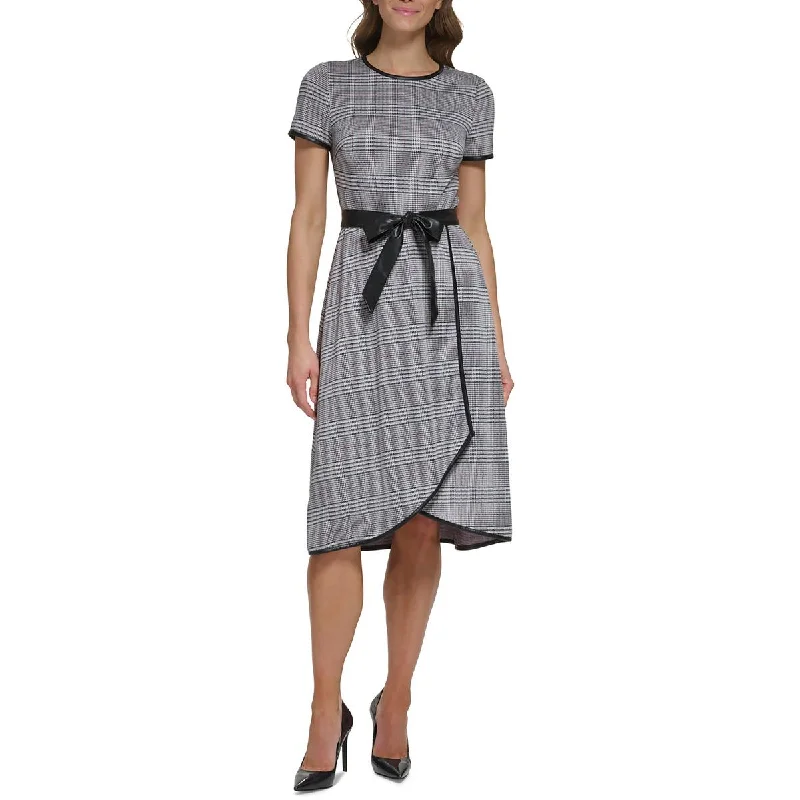 women's travel dressesDKNY Womens Plaid Faux Wrap Midi Dress