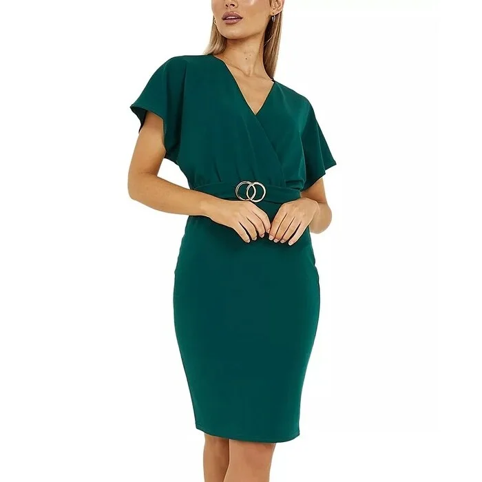 women's cold-shoulder dressesQUIZ Women's Belted Bodycon Dress Green Size 8