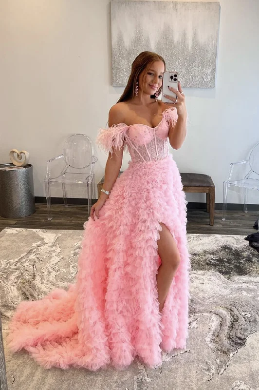 Pearl DressPink tulle long prom dress pink evening dress gh1797