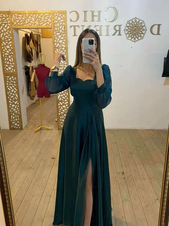 Laced-Up DressLong Sleeves Green Evening Dress Formal Tulle Prom Dress gh2763