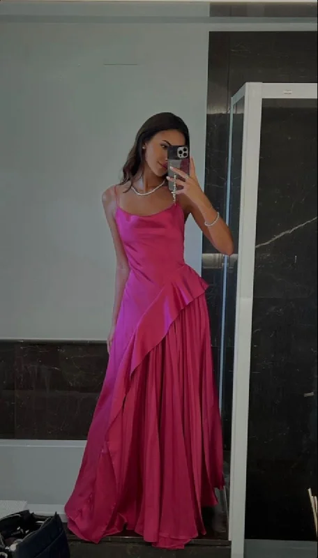 women's mother of the bride dressesPink spaghetti straps simple elegant long irregular ball gown evening dress gh3047