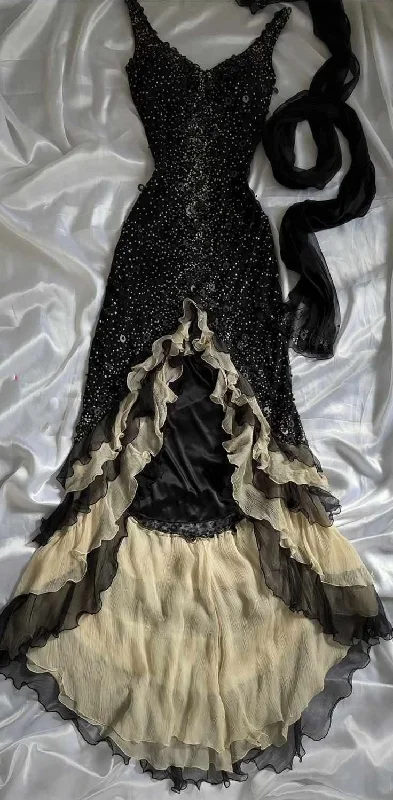 women's stretch dressesBlack shiny elegant ruffle tulle long sequined ball gown prom dress evening gown gh3141