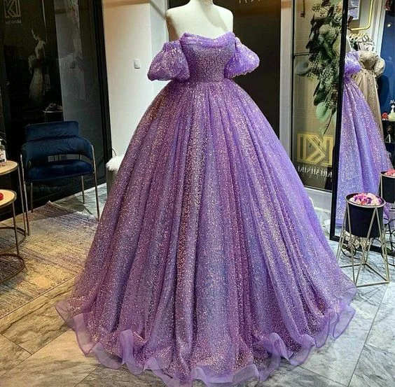 women's travel dressesPurple shiny sequins heart-shaped neck long tulle ball gown evening dress adult ceremony dress gh3132