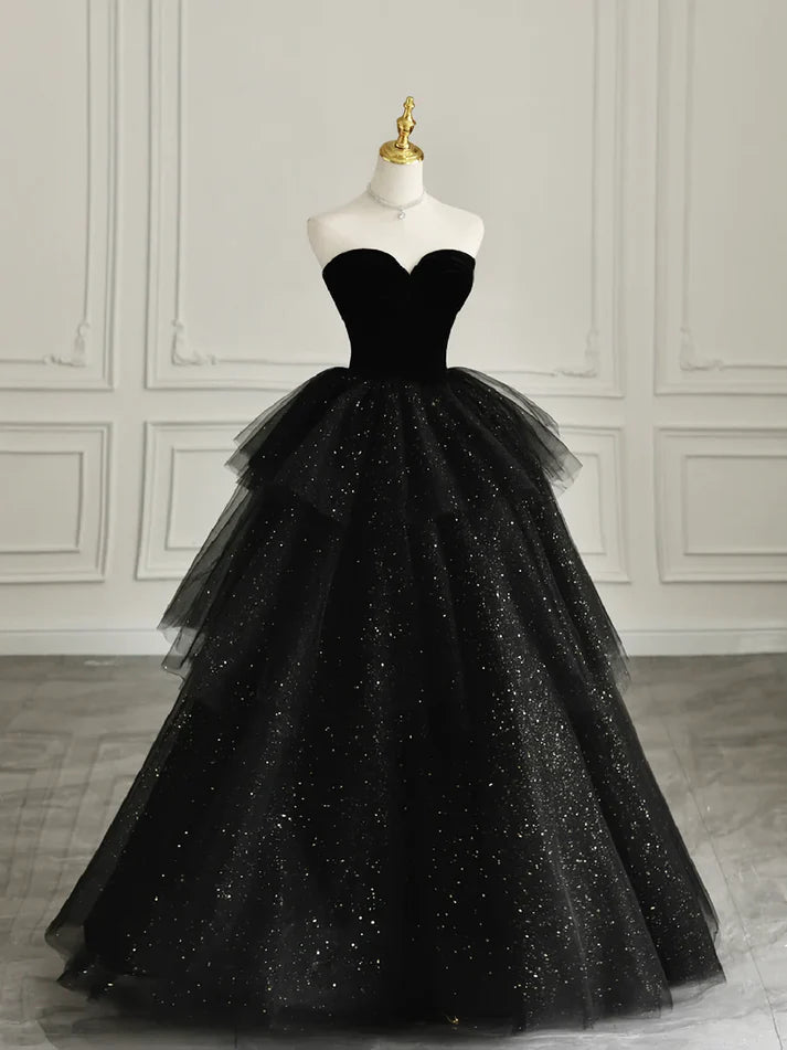 women's sheath dressesBlack elegant off-shoulder tulle dress velvet sweetheart neckline tube top long evening dress ball gown gh3035