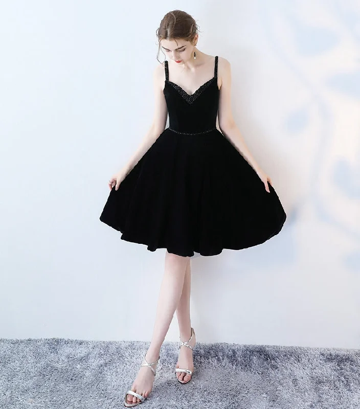 Asymmetric DressBlack v neck velvet short prom dress, black evening dress  7833