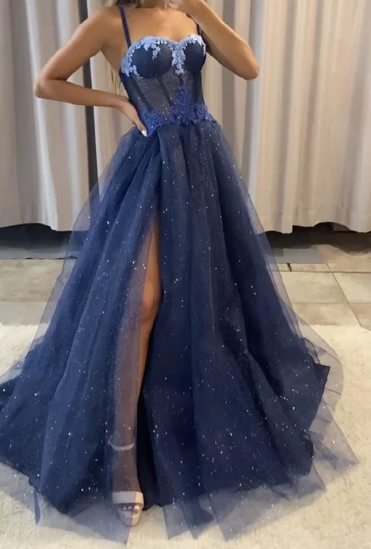 Denim DressA line dark blue prom dress with slit shining evening gown  gh2744