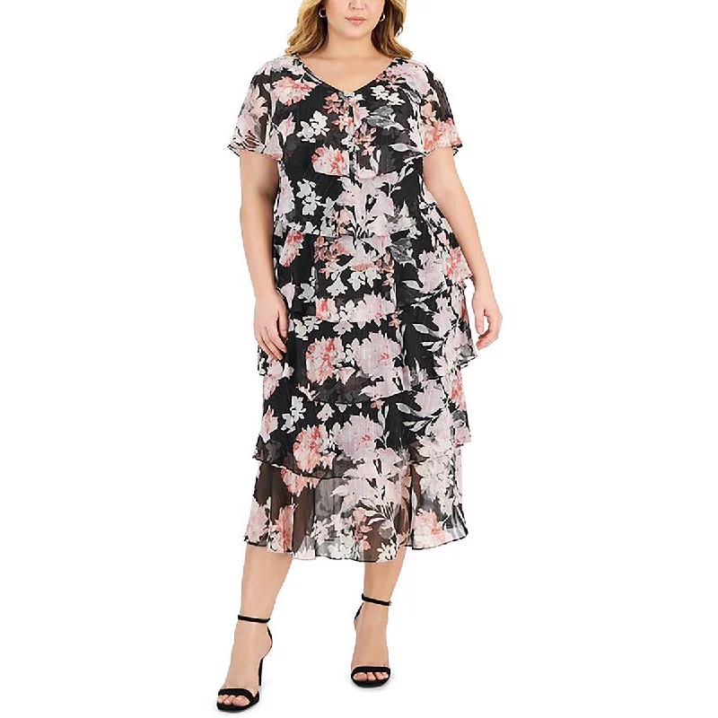 Cocktail DressSLNY Womens Plus Floral Print Ruffle Midi Dress