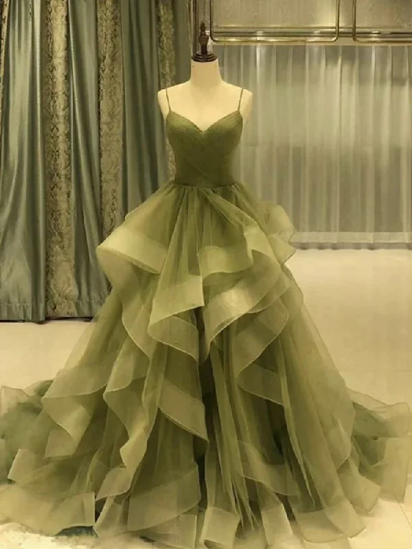 Button-Down DressGreen/blue long shiny elegant spaghetti straps long ruffled organza ball gown evening dress quinceanera dress gh903