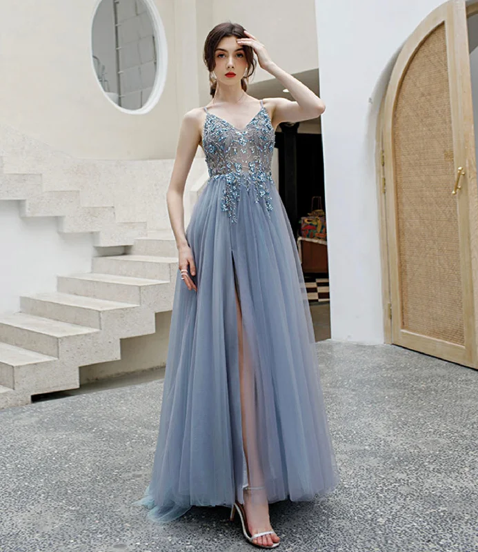 women's sheath dressesGray tulle beads long prom dress A line evening dress  10579