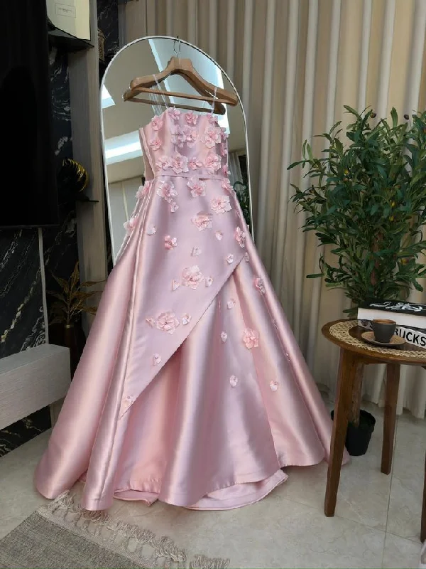 women's empire-line dressesPink Delicate Sweet Transparent Strap Applique Floral Long Satin Formal Prom Dress Evening Gown gh3146