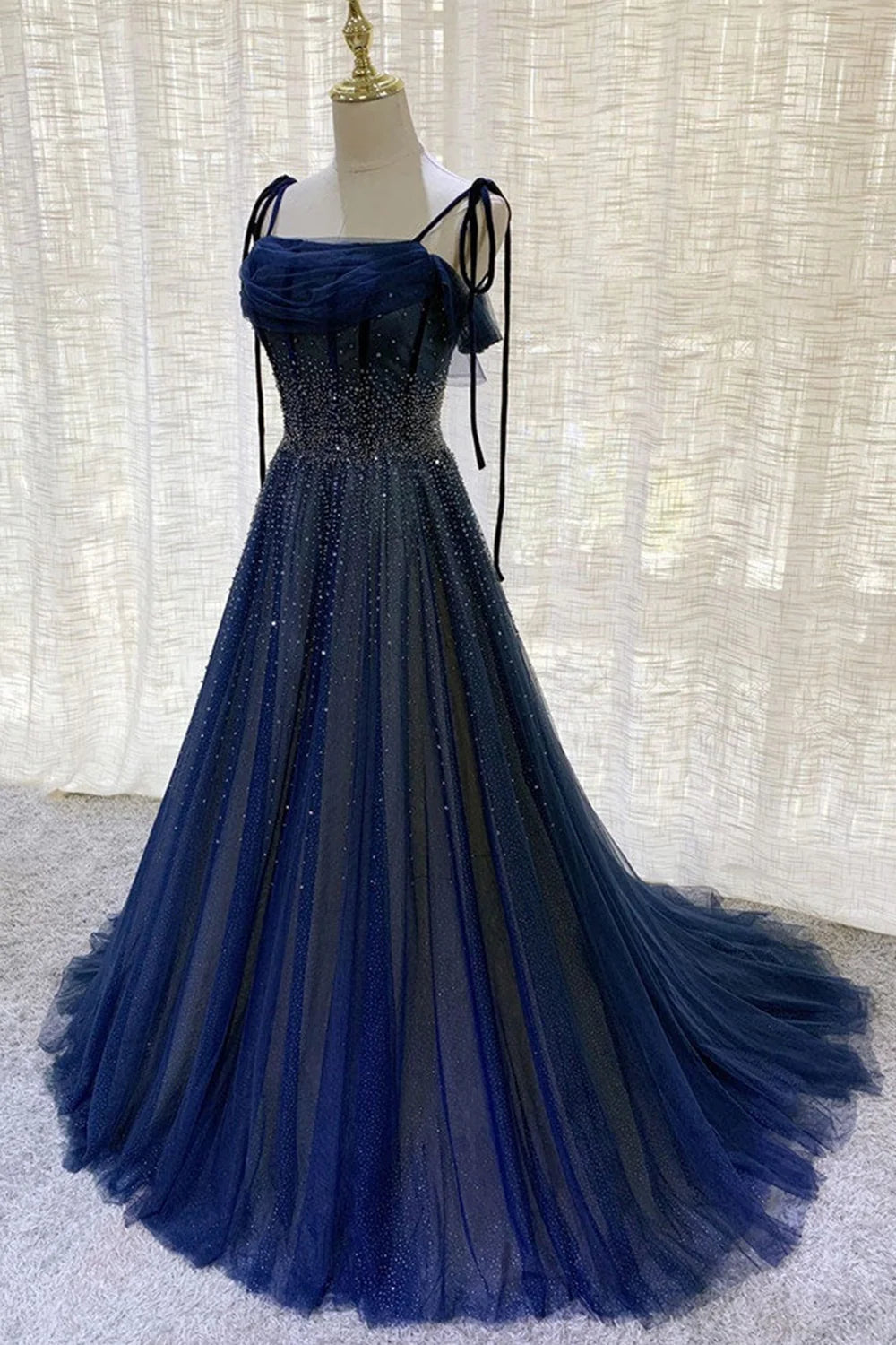 women's mother of the bride dressesDark blue gorgeous shiny sequins long elegant tulle ball gown evening dress gh2578