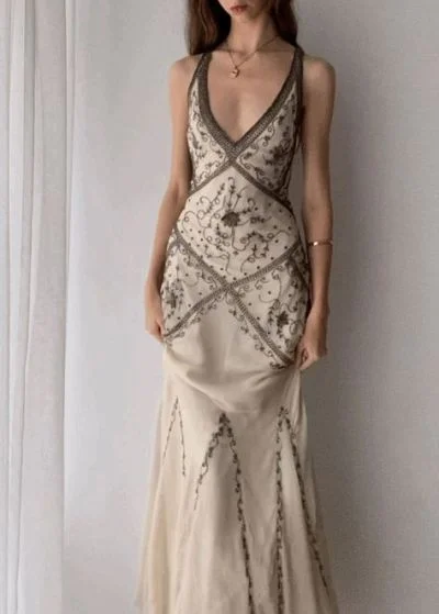 Vintage DressV neck beige exquisite elegant floral pattern long evening dress prom dress gh2941