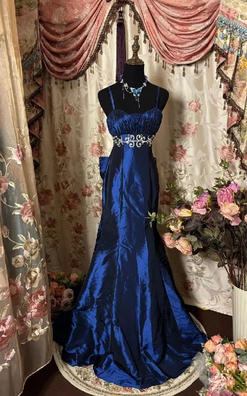 women's midi dressesBlue Vintage Elegant Satin Spaghetti Strap Long Ball Gown Evening Dress gh3043