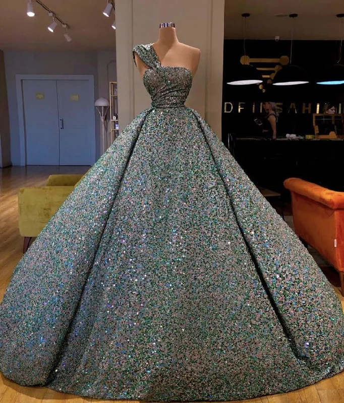 Knit DressGreen gorgeous shiny sequins fashionable one shoulder strapless off shoulder long ball gown evening dress gh3091