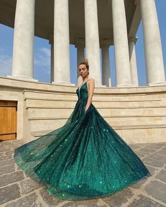 Silk DressSpaghetti Straps Green Shiny Prom Dress A Line Evening Gown gh2760