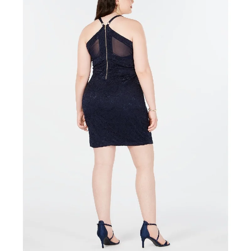 Plunging Neckline DressEmerald Sundae Women's Lace Racerback Bodycon Dress Blue Size 3X