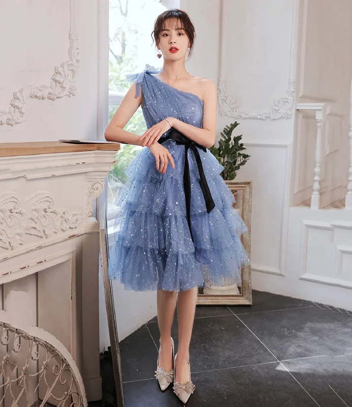 High-Low DressBlue tulle short prom dress one shoulder evening dress  8895