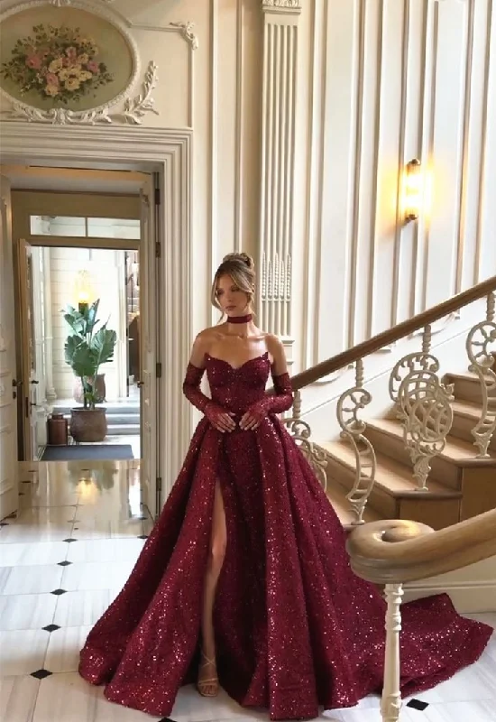 women's work dressesBurgundy shiny sexy Sequins elegant sweetheart neckline Long slit ball gown evening dress with gloves gh3134