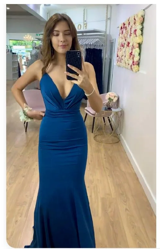 women's flowy dressesBlue simple and elegant A-line V-neck mermaid long ball gown evening dress gh2915