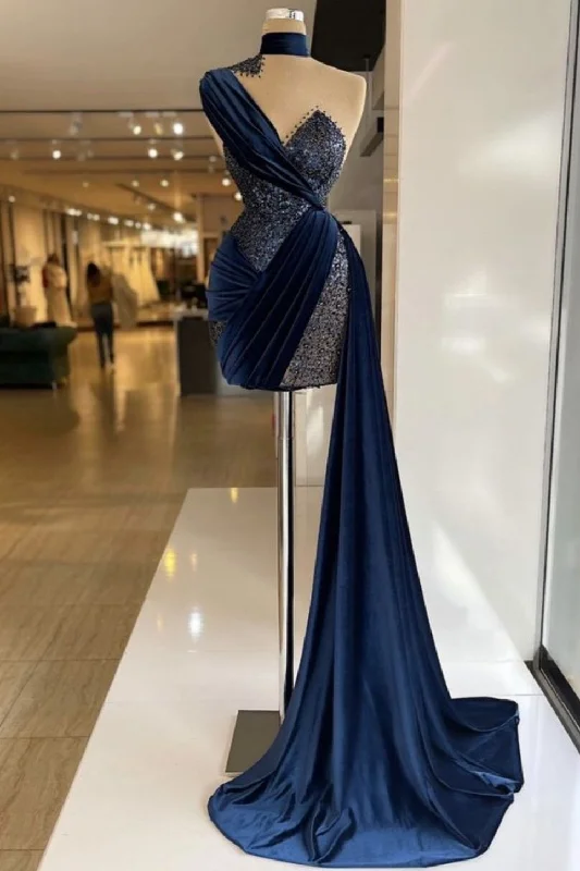 women's handmade dressesBlue satin shiny sequins fashion unique long and short prom dress evening dress gh3125