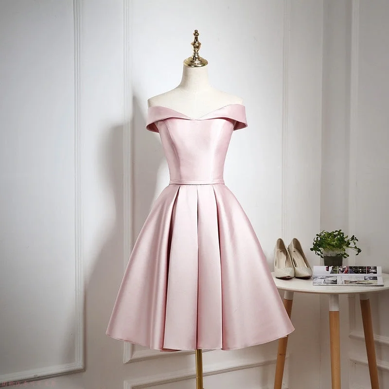 A-Line DressSimple satin short prom dress pink evening dress  8208