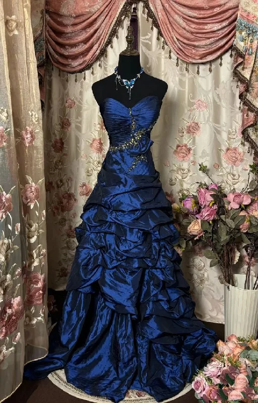 Statement DressBlue vintage rhinestone embellished elegant long pleated ball gown evening dress gh3057