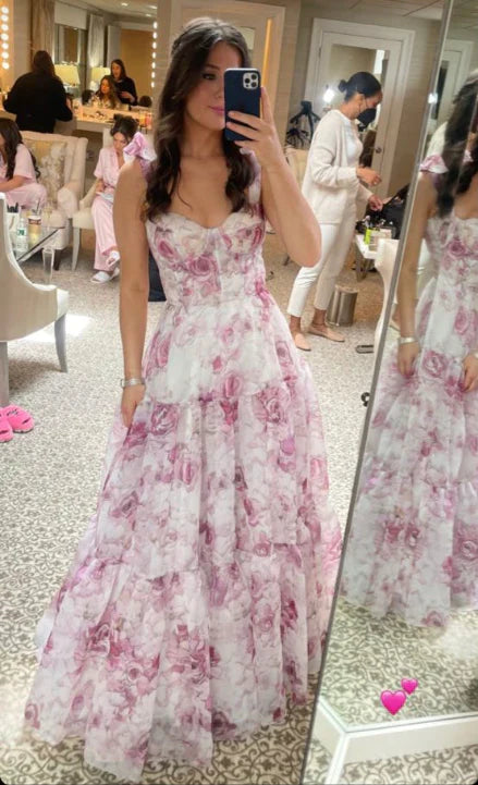 women's one-shoulder dressesPink sweet A-line floral print chiffon long elegant ball gown evening dress gh2794