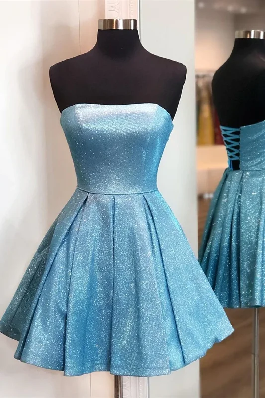 women's tall dressesShiny Strapless Blue Short Prom Dresses, Open Back Blue Homecoming Dresses, Blue Formal Evening Dresses gh864