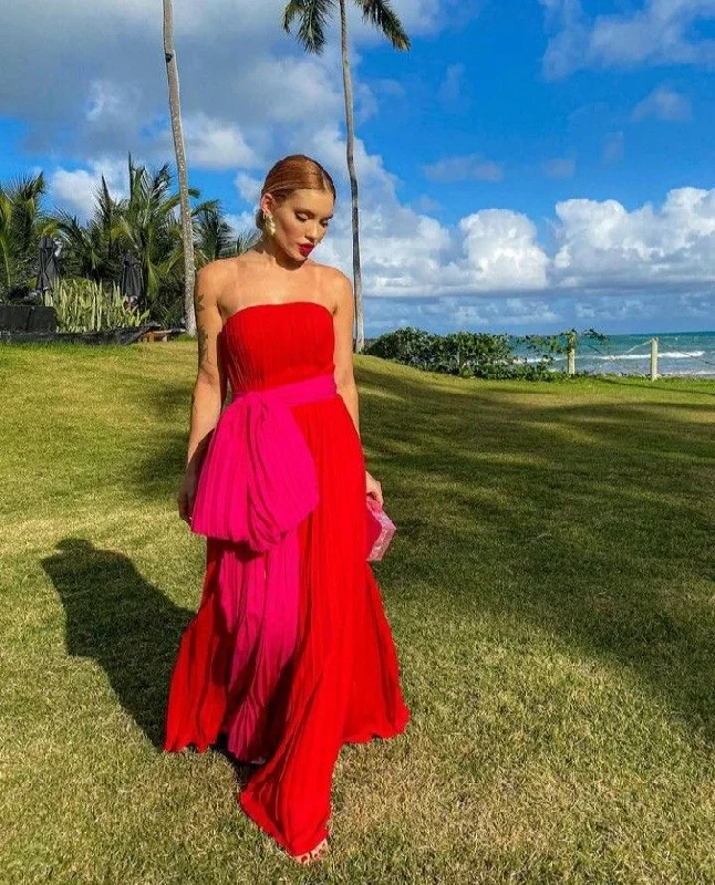 Bow-Tie DressRed unique fashion tube top pink contrast long tulle ball gown evening dress gh3082