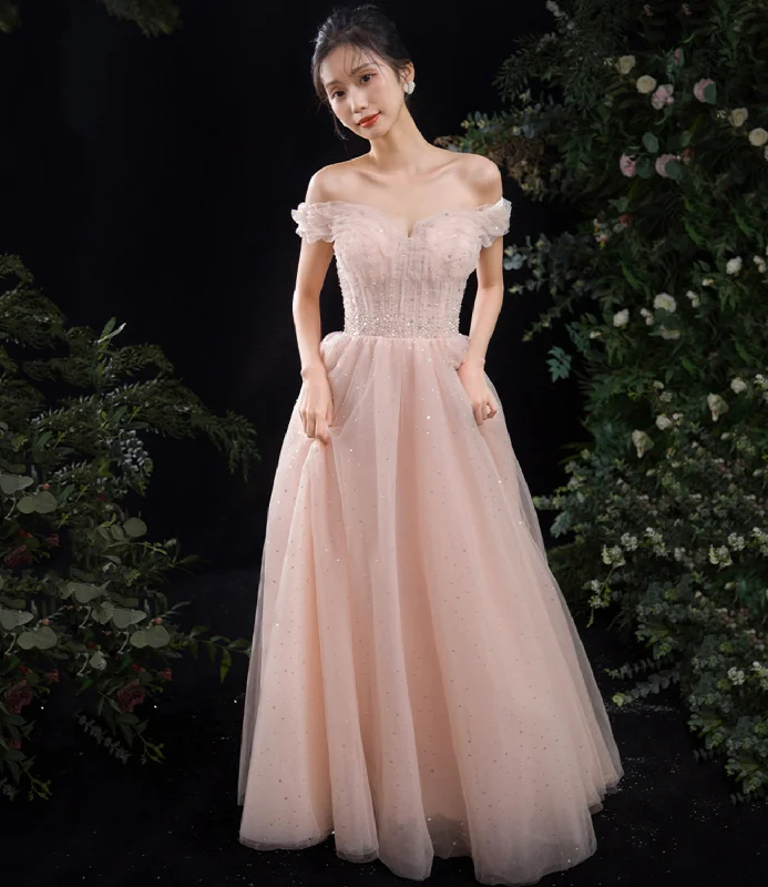 Peter Pan Collar DressPink tulle long A line prom dress pink evening dress  8844