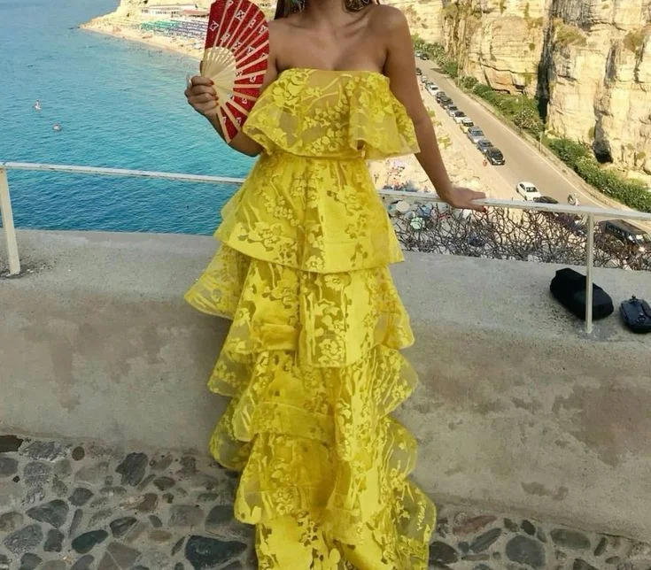 Designer DressYellow Unique Elegant Strapless Long Lace Layered Ball Gown Evening Dress gh3065