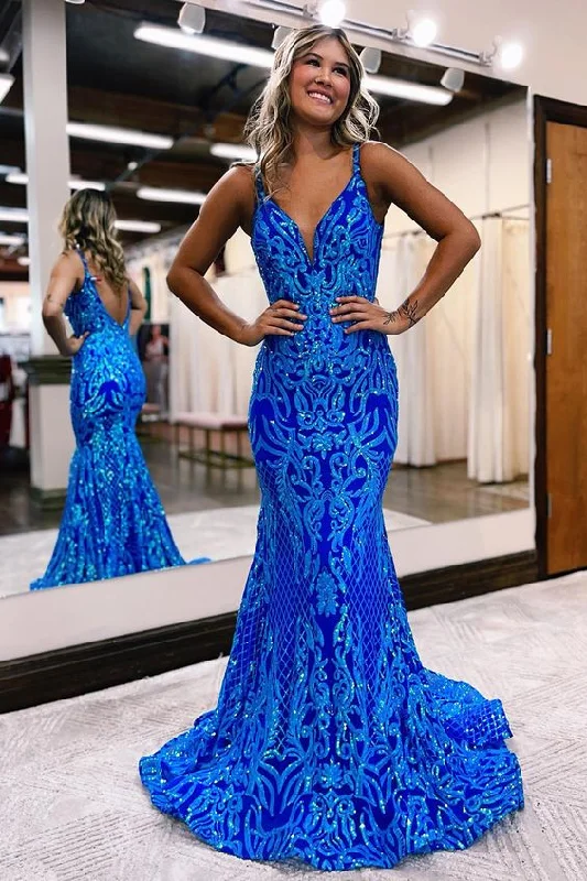 Button-Down DressNavy blue sparkling prom dress v neck sheath evening gown gh2720