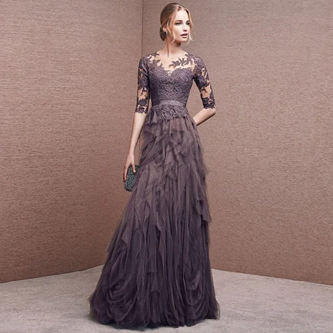 Neon DressGray purple elegant long sleeve lace long tulle ball gown evening dress 7648