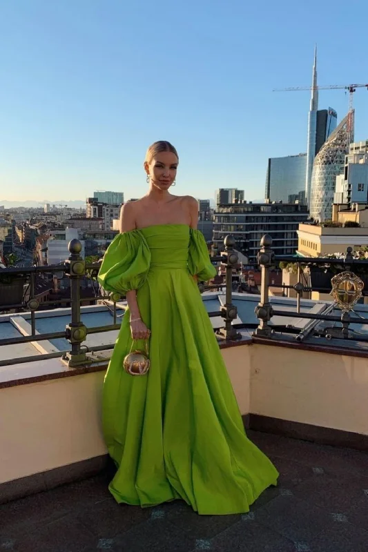 women's made-to-order dressesGreen Strapless Puff Sleeve Long Satin Ball Gown Evening Dress gh3116