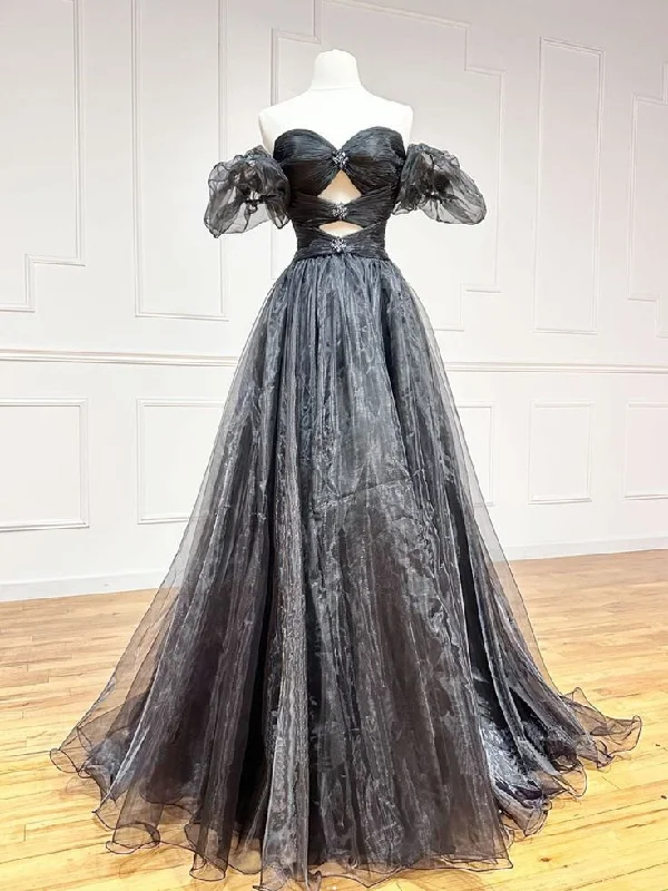 Tulle DressBlack A-line off-shoulder long ball gown bow tie formal evening dress gh2757