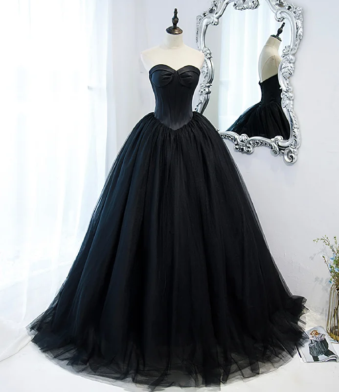 Vintage DressBlack tulle simple elegant long ball gown black evening dress 10152