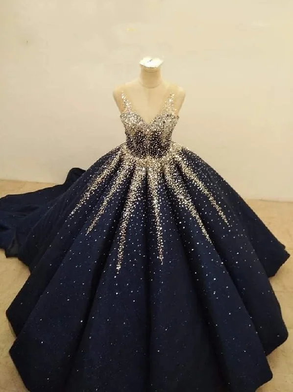 Organza DressNavy blue gorgeous shiny sequins stylish unique long prom dress evening gown gh3092