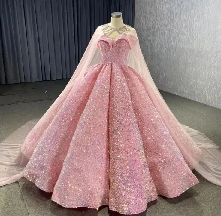 women's cotton dressesPink Gorgeous Shiny Tulle Rhinestone Cape Cape Long Sequined Ball Gown Evening Dress Coming of Age Dress gh3162