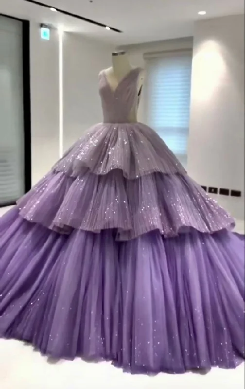 women's body-skimming dressesPurple Gorgeous Shiny Elegant A-line Long Tiered Ruffled Tulle Ball Gown Formal Dress Evening Dress Celebrity Dress gh3145