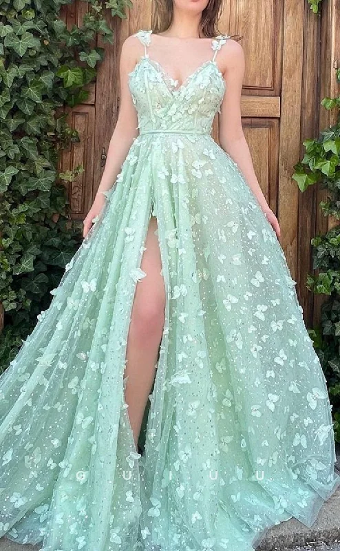 Crepe DressElegant A-Line V-Neck Floral Embossed Tulle Long Prom Evening Dress gh2749