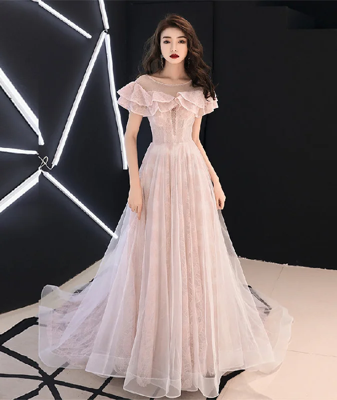 Petite DressPink lace tulle long prom dress pink evening dress  8372