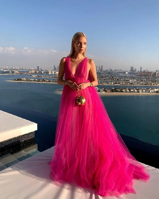 Petite DressPink V-neck contrast color long shoulder strap tulle long ball gown prom dress evening dress gh3067