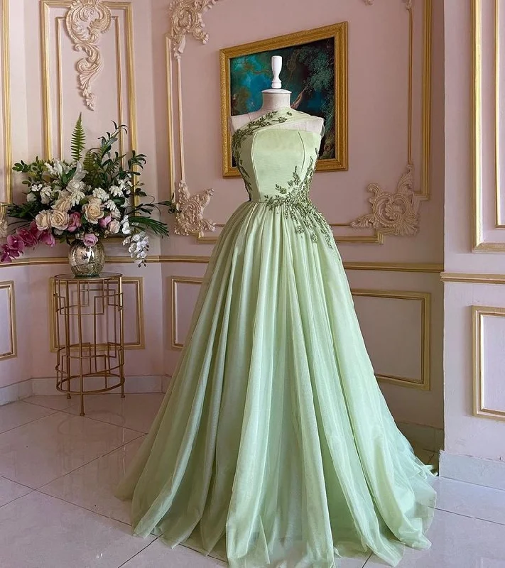 women's one-shoulder dressesGreen Gorgeous Delicate applique Beaded Long Tulle Formal Custom Prom Dress Evening Gown gh3148