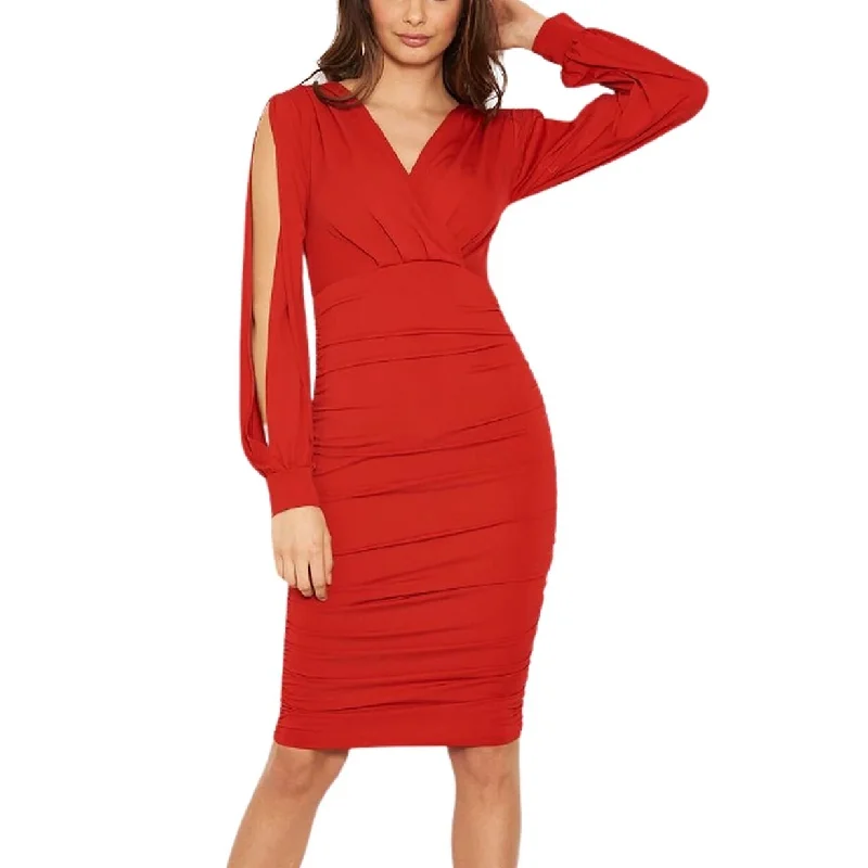 women's wrap dressesAx Paris Women's Split Sleeve Ruched Bodycon Dress Red Size 10